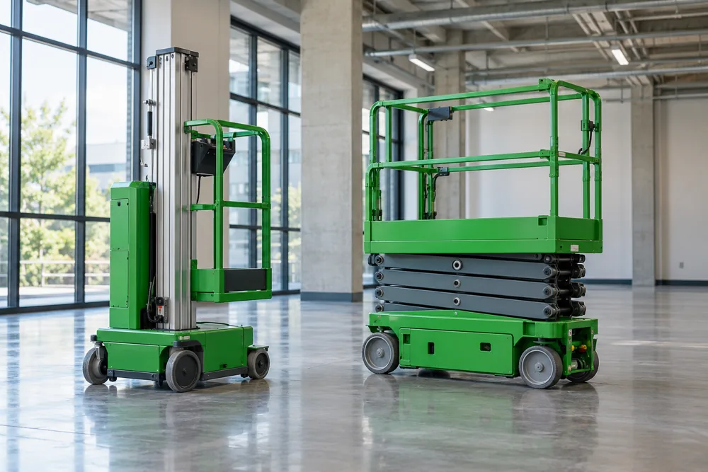Green vertical mast lift and lowered scissor lift on a polished floor inside a Milton Keynes building