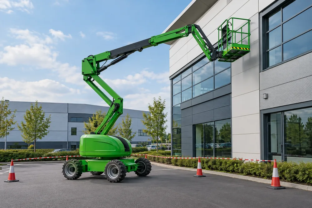 Green articulated cherry picker reaching upper office windows inside a coned-off area in Milton Keynes