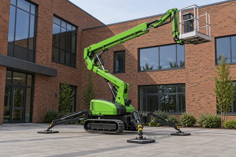 Green tracked spider lift with four stabilisers deployed in a Milton Keynes brick office courtyard